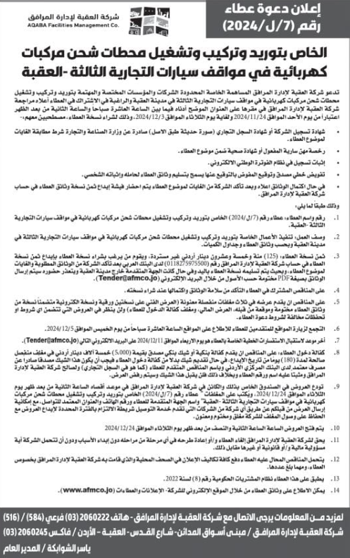إعلان دعوة عطاء رقم (7/ل/2024) الخاص بتوريد وتركيب وتشغيل محطات شحن مركبات كهربائية في مواقف سيارات التجارية الثالثة-العقبة